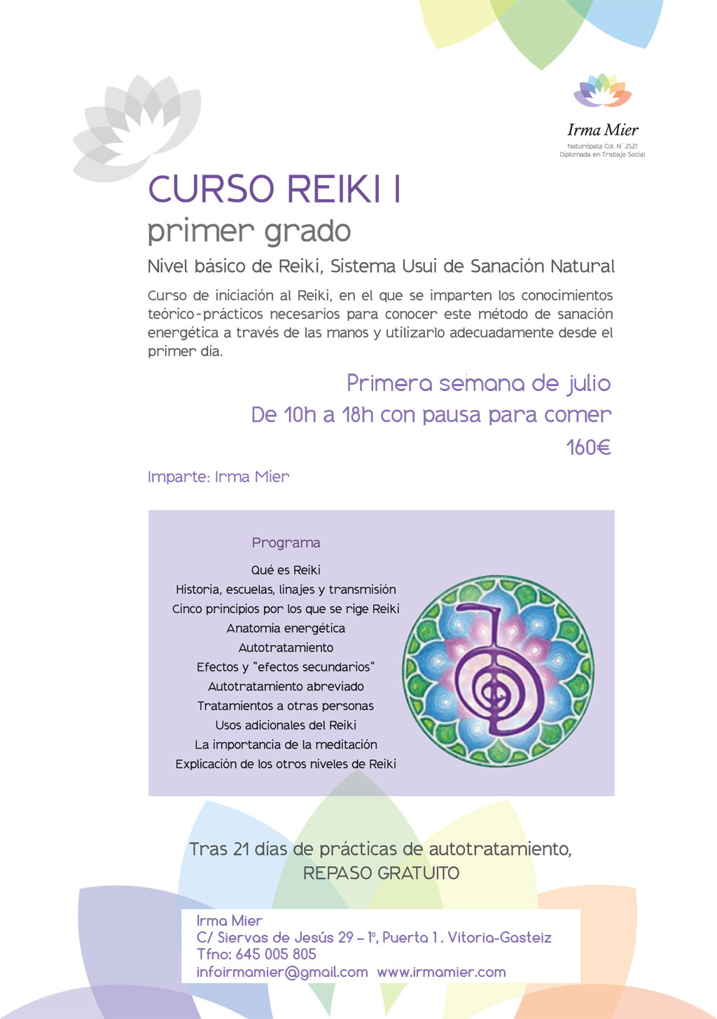 1º semana de julio: Reiki primer grado para grupos en Vitoria-Gasteiz